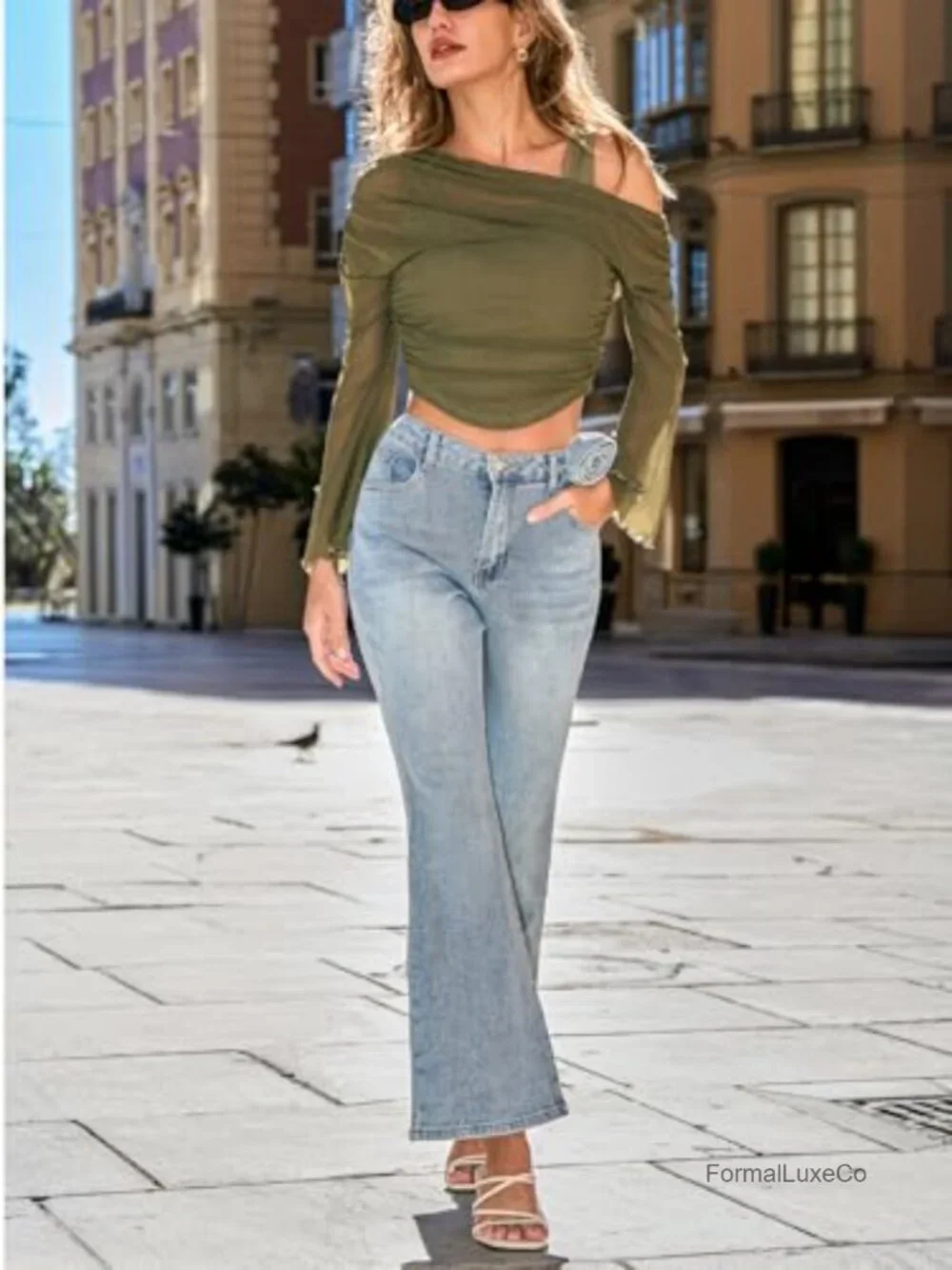 Off-Shoulder Mesh Ruched Long Sleeve Bodycon Crop Top Y2K